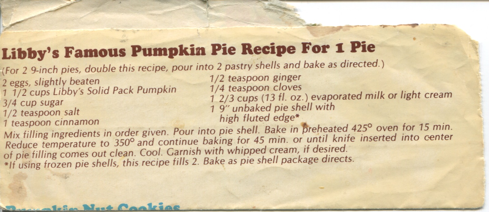 Libby’s Famous Pumpkin Pie Recipe for 1 Pie